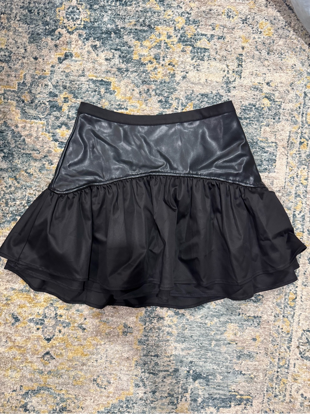 Avec Les Filles Black Leather & Ruffle Mini Skirt